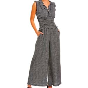 Max Studio Ruffled V-neck Smocked Waist Wide Leg Jumpsuit